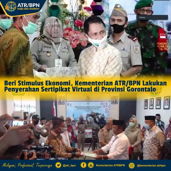 Beri Stimulus Ekonomi, Kementerian ATR/BPN Lakukan Penyerahan Sertipikat Virtual di Provinsi Gorontalo