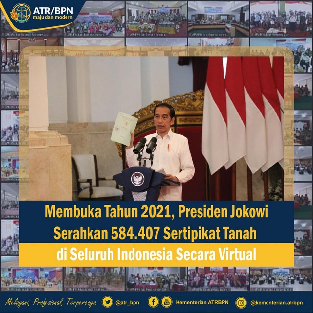 Membuka Tahun 2021, Presiden Jokowi Serahkan 584.407 Sertipikat Tanah di Seluruh Indonesia Secara Virtual