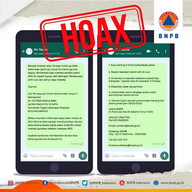 Hoaks: Donasi Kaos Oblong Bekas untuk Petugas Medis dan Relawan Satgas Covid-19