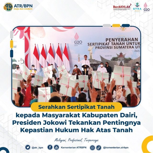 Serahkan Sertipikat Tanah kepada Masyarakat Kabupaten Dairi, Presiden Jokowi Tekankan Pentingnya Kepastian Hukum Hak Atas Tanah