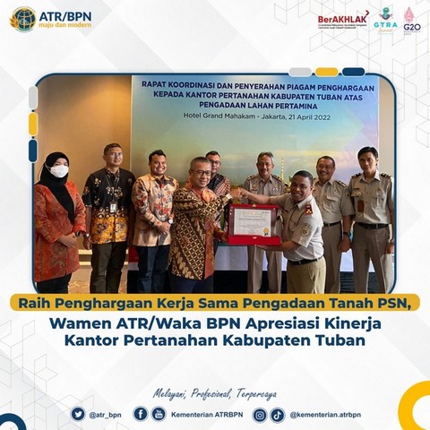 Raih Penghargaan Kerja Sama Pengadaan Tanah PSN, Wamen ATR/Waka BPN Apresiasi Kinerja Kantor Pertanahan Kabupaten Tuban