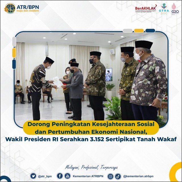 Dorong Peningkatan Kesejahteraan Sosial dan Pertumbuhan Ekonomi Nasional, Wakil Presiden RI Serahkan 3.152 Sertipikat Tanah Wakaf