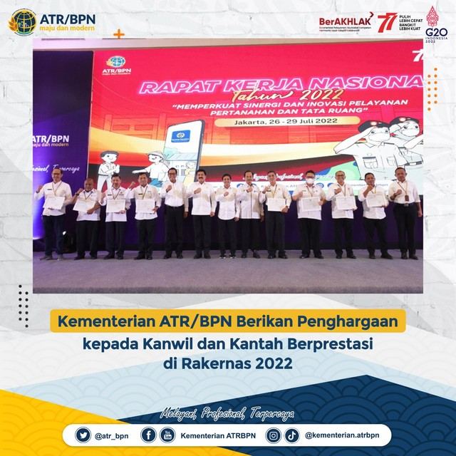 Kementerian ATR/BPN Berikan Penghargaan kepada Kanwil dan Kantah Berprestasi di Rakernas 2022