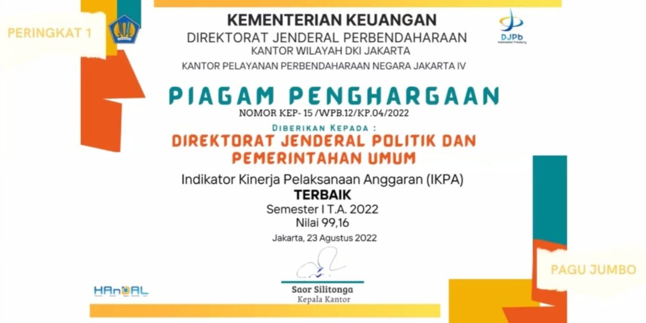 Ditjen Polpum Kemendagri Terima Penghargaan IKPA Terbaik Semester I Tahun Anggaran 2022
