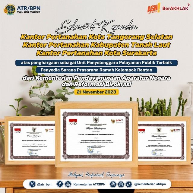 Kantah Tangsel, Tanah Laut dan Surakarta raih penghargaan dari Kementerian PAN-RB