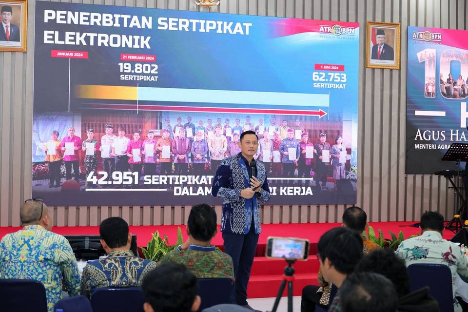 Perluas Penerapan Sertipikasi Tanah Elektronik, 102 Kantor Pertanahan Siap Beri Layanan Elektronik dalam 100 Hari Kerja Menteri AHY